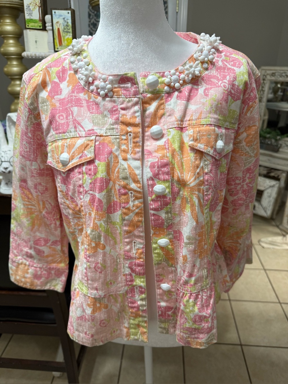 Ruby Rd. Floral Embellished Pink & Orange Jean Jacket - Picture 2 of 5